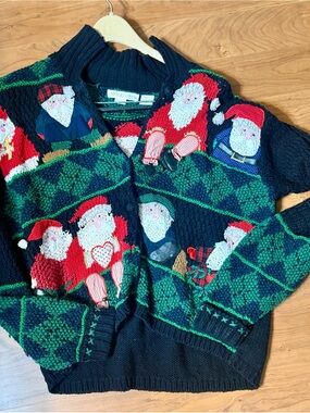 Vintage Heirlooms Handknit Santa Cardigan M 90s Ugly Christmas Sweater 3D